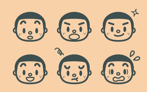 Retro style cute boy with a crew cut and freckle, face outline emoticons Retro Outline Characters Emoticons, Manga Style, Cartoon, Vector art illustration. crew cut stock illustrations