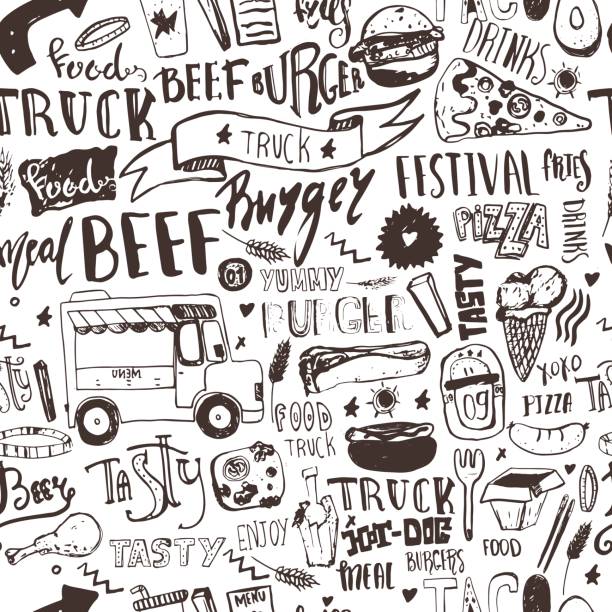 illustrazioni stock, clip art, cartoni animati e icone di tendenza di fast food truck modello senza cuciture con scritte e oggetti doodle. sfondo del festival vettoriale per menu, wrapping. - seamless restaurant vegetable tomato