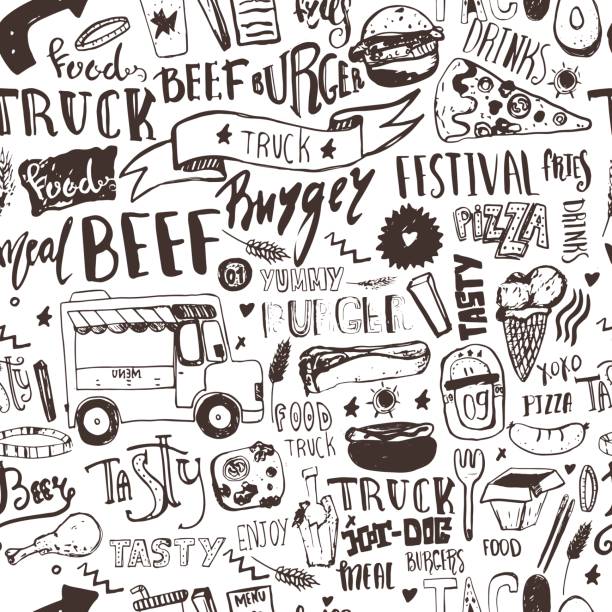 Fast food truck Seamless pattern with lettering and doodle items. Vector festival background for menu, wrapping. Fast food truck Seamless pattern with lettering and doodle items. Vector festival background for menu, wrapping cheese texture seamless stock illustrations