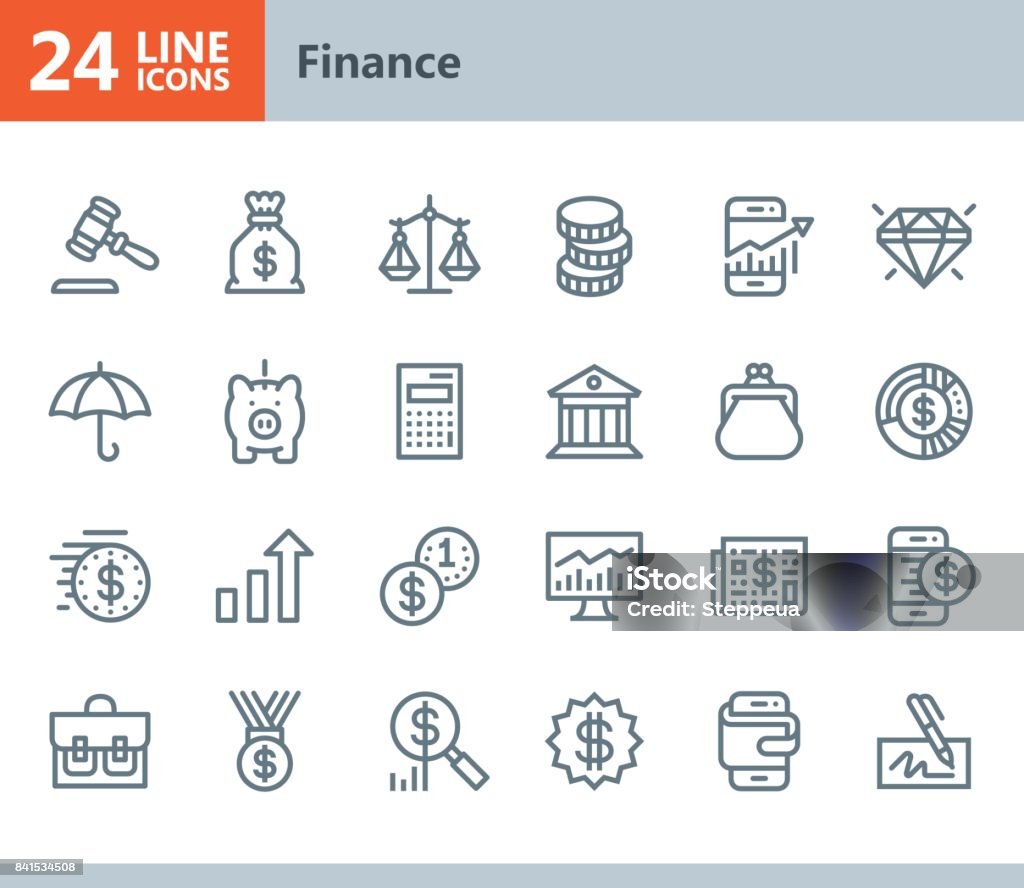 Finance - line vector icons Vector Line icons set. One icon consists of a single object. Files included: Vector EPS 10, HD JPEG 3000 x 2600 px Icon Symbol stock vector