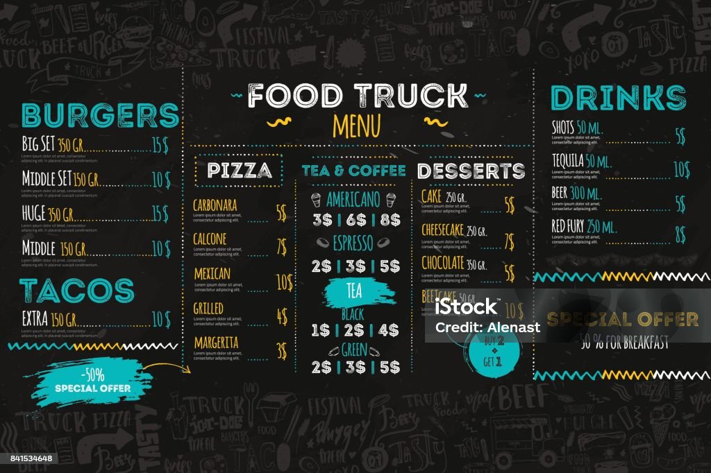 Junk Food festival menu template, street restaurant brochure cover. Modern truck flyer with hand-drawn lettering and items. Vector menu board. Junk Food festival menu template, street restaurant brochure cover. Modern truck flyer with hand-drawn lettering and items. Vector menu board Menu stock vector