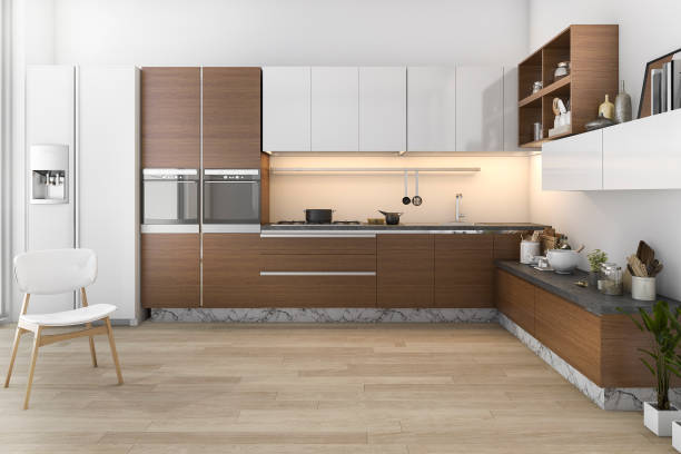 istock 3d rendering wood loft kitchen with bar and living zone 841534946