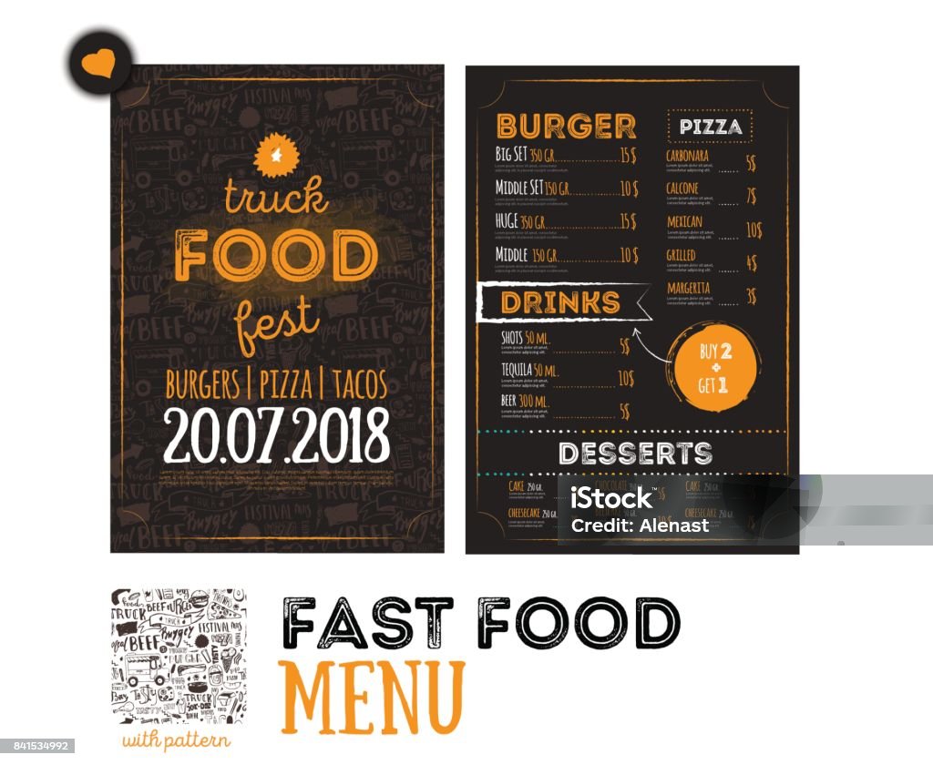 Street junk food festival menu cover design. Festival Design template with hand-drawn graphic elements and lettering. Vector menu board. Street junk food festival menu cover design. Festival Design template with hand-drawn graphic elements and lettering. Vector menu board Menu stock vector