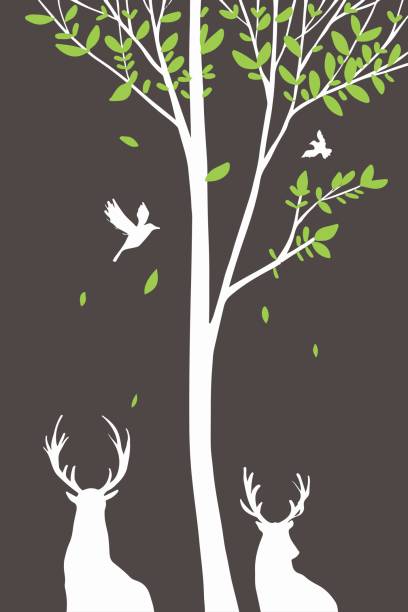 istock Hand drawn doodle style, Big tree with deer and birds in silhouette background. 841535104