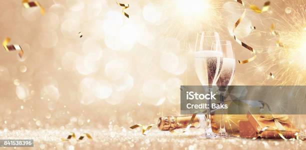 New Years Eve Celebration Background Stock Photo - Download Image Now - Champagne, Gold - Metal, Gold Colored