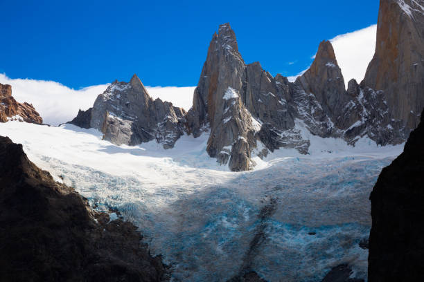 Glaciers and mountains Fitz Roy, Cerro Torre Views of snow peaks and glaciers of Andes mountains Monte Fitz Roy in summer day. Patagonia, Argentina, Chile, Andes foothills parkway photos stock pictures, royalty-free photos & images