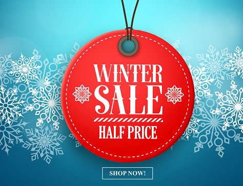 Winter sale tag vector banner. Red sale tag hanging in white winter snow flakes background for seasonal retail promotion. Vector illustration.