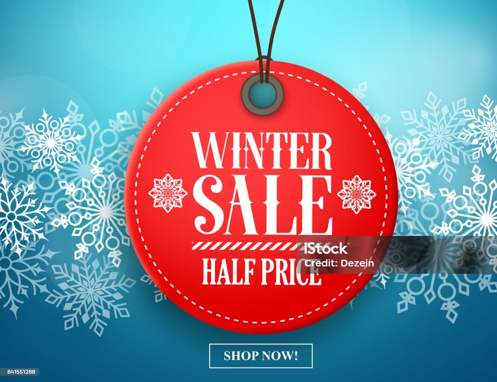 Winter sale tag vector banner. Red sale tag in snow Winter sale tag vector banner. Red sale tag hanging in white winter snow flakes background for seasonal retail promotion. Vector illustration. Christmas stock vector