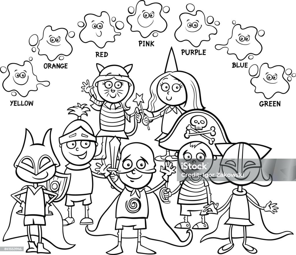 basic colors educational coloring book Black and White Cartoon Illustration of Primary Basic Colors Educational Activity for Children with Kid Characters at the Mask Ball Coloring Book Black And White stock vector