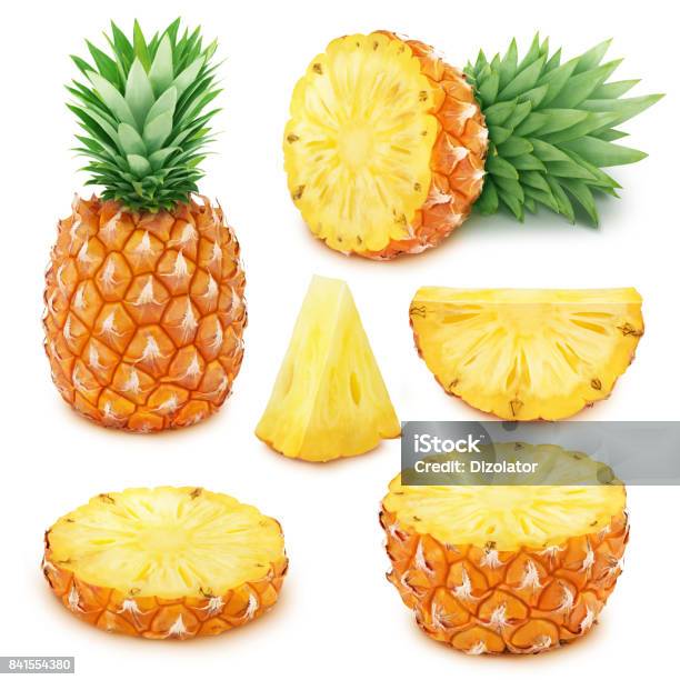 Pineapple Set Whole And Sliced Pineapples Stock Photo - Download Image Now - Pineapple, Cut Out, Ingredient