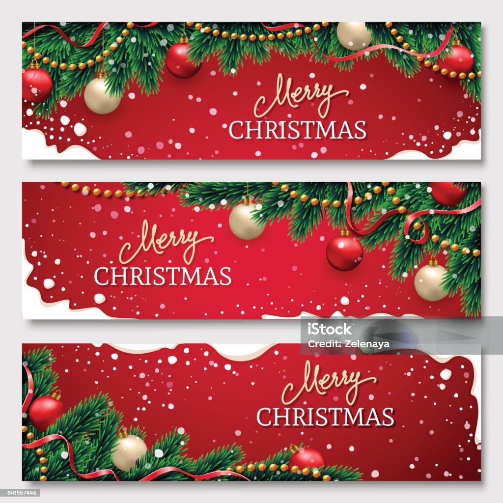 Christmas banners set with fir branches decorated with ribbons, red and gold balls and garlands. With snow frames on red background. Festive header design for your site. Christmas stock vector