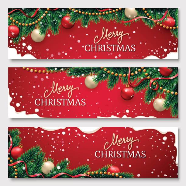 Christmas banners set with fir branches decorated with ribbons, red and gold balls and garlands. With snow frames on red background. Festive header design for your site. Christmas banners set with fir branches decorated with ribbons, red and gold balls and garlands. With snow frames on red background. Festive header design for your site. wallpaper decor stock illustrations