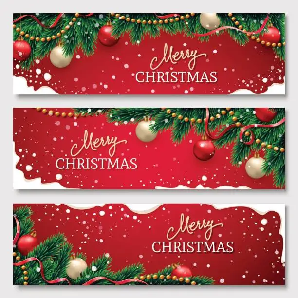 Vector illustration of Christmas banners set with fir branches decorated with ribbons, red and gold balls and garlands. With snow frames on red background. Festive header design for your site.