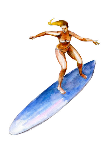 illustrazioni stock, clip art, cartoni animati e icone di tendenza di la ragazza sulla tavola da surf, illustrazione ad acquerello isolata su sfondo bianco. - beach surfing bikini retro revival