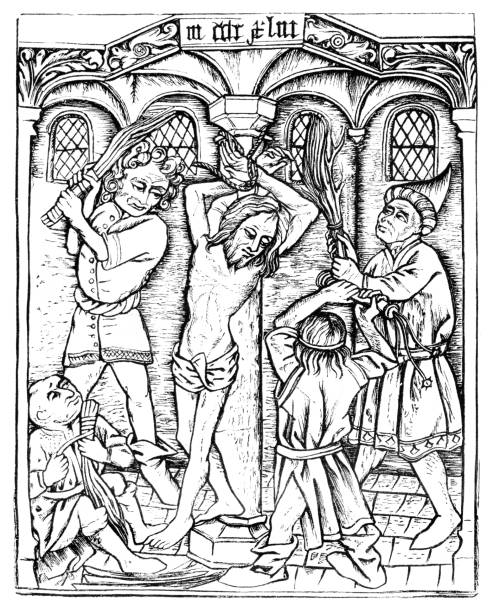 ilustraciones, imágenes clip art, dibujos animados e iconos de stock de hombre medieval flagelación castigar 1446 - flagellation