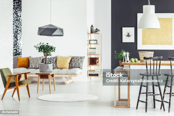 Multifunctional Interior With Green Chair Stock Photo - Download Image Now - Home Showcase Interior, Copy Space, Home Decor