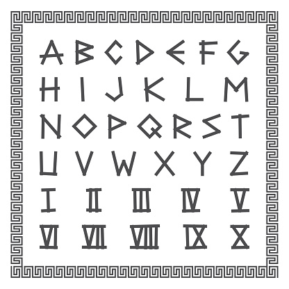 Greek font. Vector english alphabet. Ancient latin letters with roman numerals.