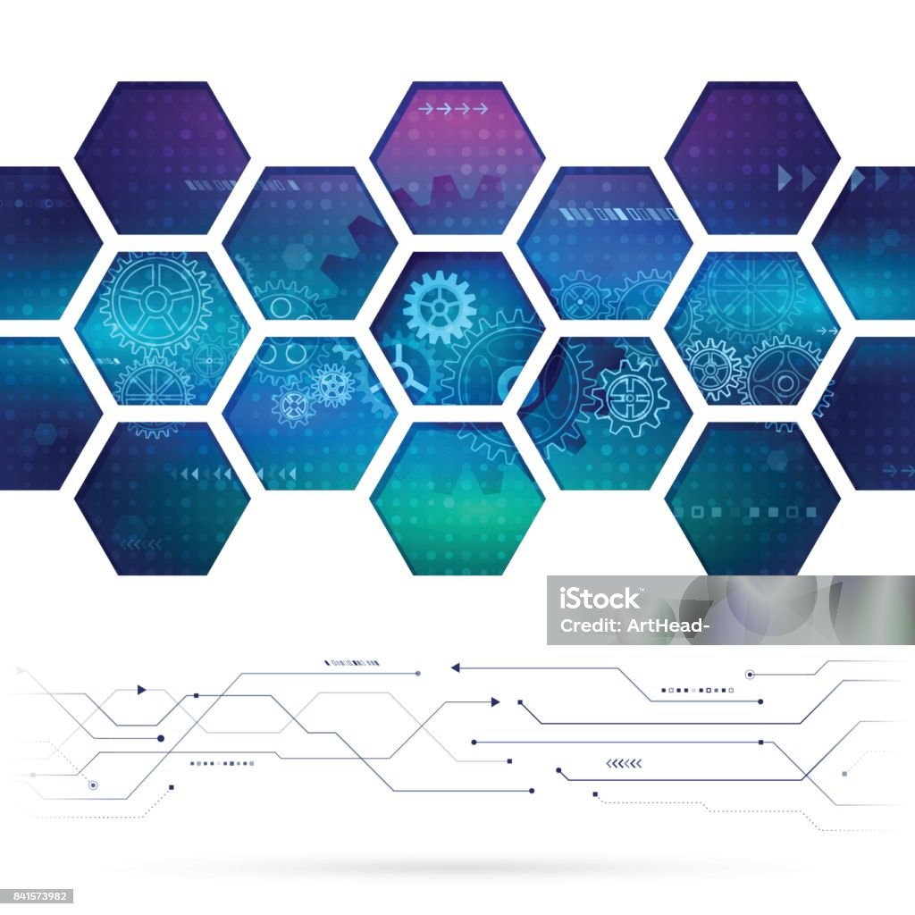 Abstrato base de tecnologia com hexágonos e rodas de engrenagem. - Vetor de Hexágono royalty-free