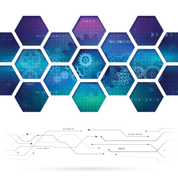 Abstract technology background with hexagons and gear wheels. Abstract technology background with hexagons and gear wheels. Hi-tech circuit board vector illustration hexagon illustrations stock illustrations