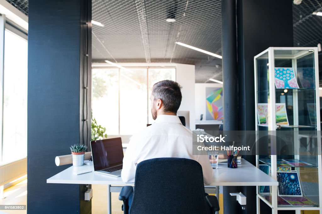 Businessman at the desk with laptop in his office. Handsome young businessman in his office, sitting at the desk, laptop in front of him. Rear view. Rear View Stock Photo