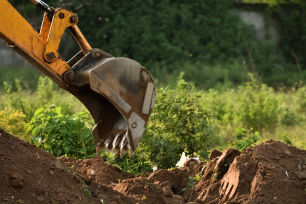 scavare terreno - earth mover working field dirt foto e immagini stock