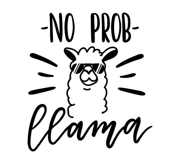 Llama vector quote with doodles. No prob llama motivational and inspirational quote. Simple cool white llama head drawing with sunglasses, hand drawn vector illustration for cards, t-shirts, cases. lama stock illustrations