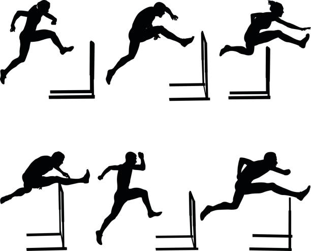 Set athletics running Set athletics running hurdles black silhouette. vector illustration track and field stock illustrations