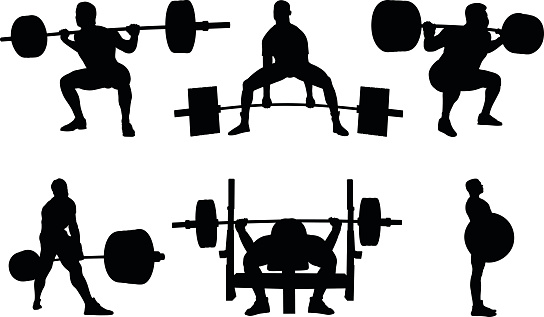 Set powerlifting athletes powerlifters black silhouette