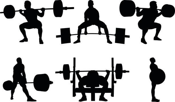 Set powerlifting Set powerlifting athletes powerlifters black silhouette gym silhouettes stock illustrations