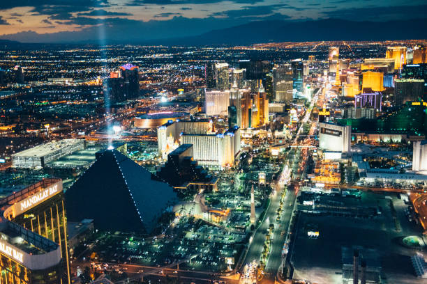La Vegas Las Vegas, Nevada, USA -  July 2017: Aerial view of Las Vegas Skyline at Dusk luxor las vegas stock pictures, royalty-free photos & images