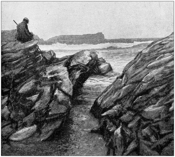 ilustrações, clipart, desenhos animados e ícones de ilustração da antiguidade: o homem no precipício - illustration and painting stone beach cliff