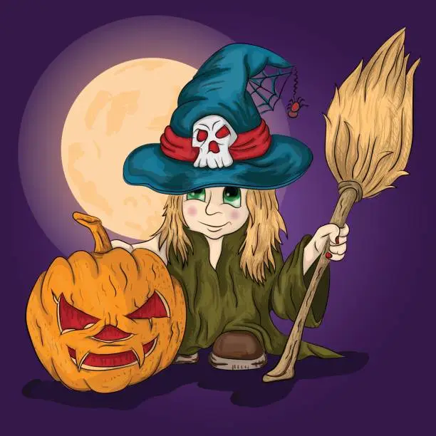 Vector illustration of Little girl in a witch costume with a broom in her hands