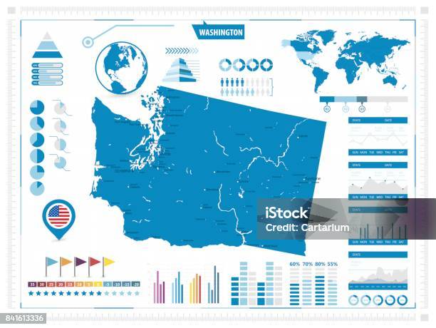 Washington State Map And Infograpchic Elements Stock Illustration - Download Image Now - Washington State Flag, Ariel - West Bank, Blue