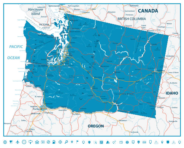 washington state straßenkarte - seattle map washington state harbor stock-grafiken, -clipart, -cartoons und -symbole