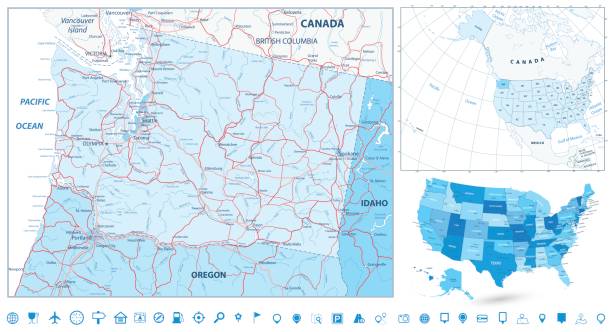 illustrazioni stock, clip art, cartoni animati e icone di tendenza di navigazione sulla mappa dello stato di washington impostata con i colori del blu - seattle map washington state harbor