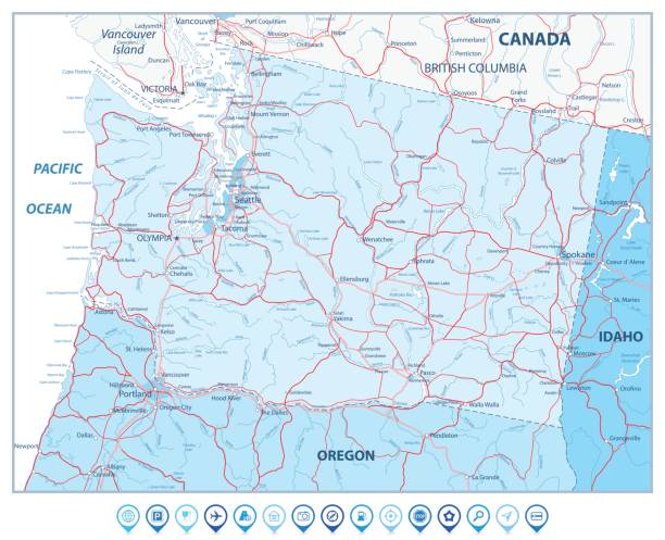 washington state karte in den farben blau und navigation icons - seattle map washington state harbor stock-grafiken, -clipart, -cartoons und -symbole