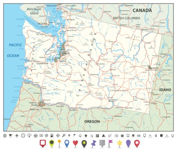 illustrazioni stock, clip art, cartoni animati e icone di tendenza di mappa dello stato di washington con strade e puntatori alla mappa - seattle map washington state harbor