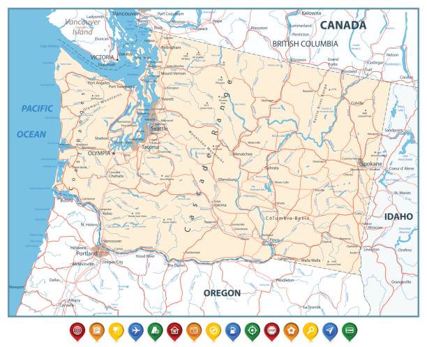 다채로운 지도 포인터 워싱턴 주 지도 - seattle map washington state harbor stock illustrations