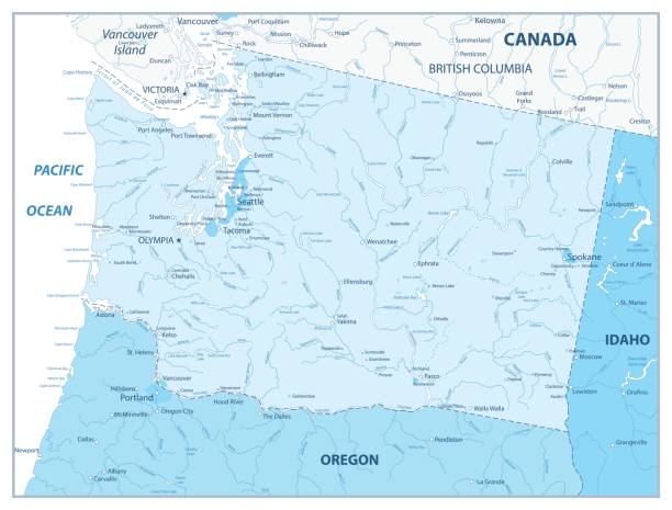 블루의 색상에서 워싱턴 주 지도 - seattle map washington state harbor stock illustrations