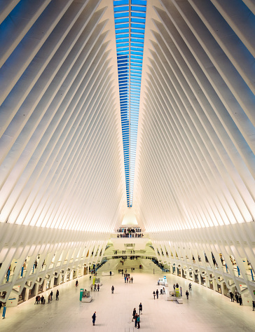 New York City, USA - People inside the World Trade Centre Transportation Hub. Opened in 2016, the station is part of the PATH transport network.