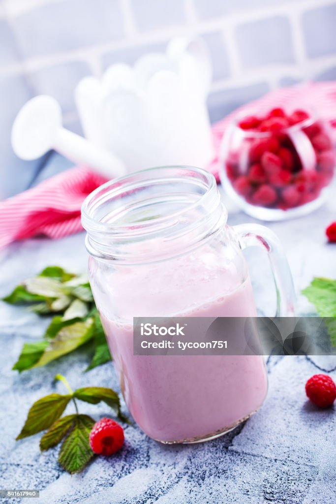 Raspberry Smoothie Raspberry Smoothie in glass bank â stock image Breakfast Stock Photo