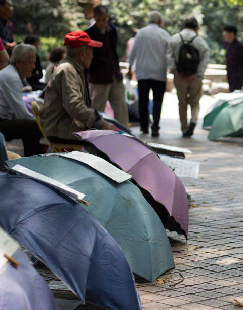 genitori speranzosi di uomini e donne rimasti frequentano il mercato del matrimonio al people's park per fare un fiammifero per i loro figli single. gli annunci senza foto per i non sposati sono scritti su carta sugli ombrelli - peoples park foto e immagini stock