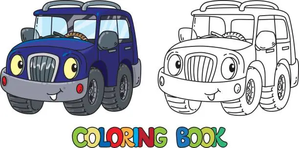 Vector illustration of Funny offroader with eyes coloring book