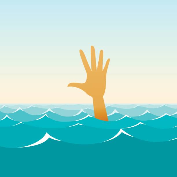Hand of a sinking man in the midst of waves Hand of a sinking man in the midst of waves sinking boat stock illustrations