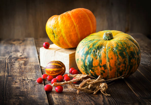 istock Pumpkins, melon and red berries on a wooden background 841621620