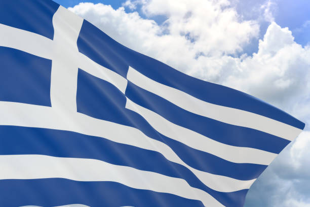rendu 3d de drapeau grèce sur fond de ciel bleu - euro symbol crisis time debt photos et images de collection