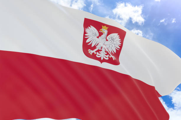 istock 3D rendering of Poland flag waving on blue sky background 841621898