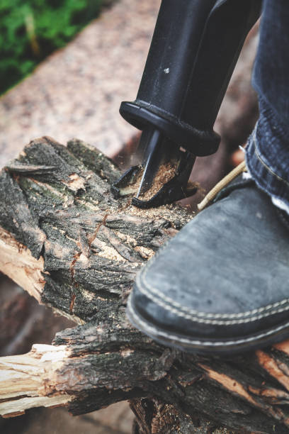 istock Reciprocating power saw sawing round timber closeup 841622040