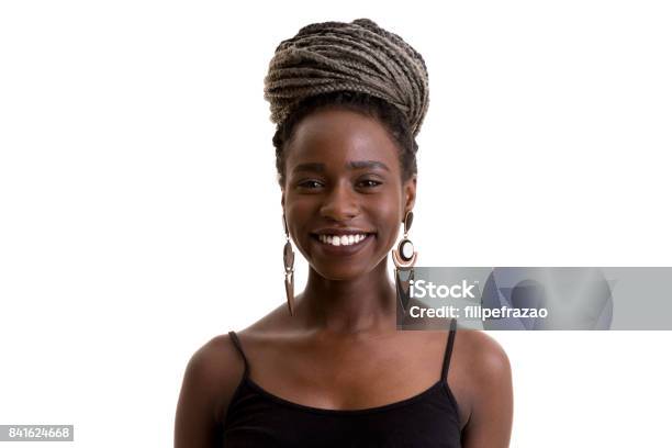Young Black Woman With Afro Hairstyle Smiling Stock Photo - Download Image Now - One Woman Only, Women, African Ethnicity