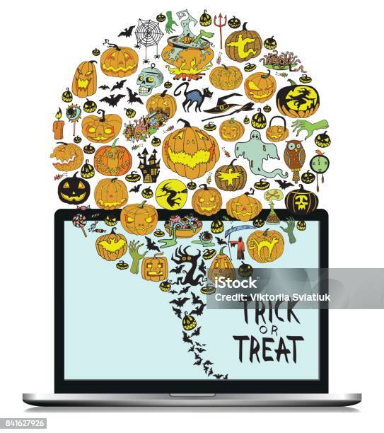 Isolated Laptop With Hand Drawn Doodles On White Background And Text Illustration With Different Halloween Objects Stock Illustration - Download Image Now